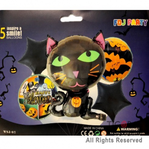 SET DE GLOBOS METALIZADO GATO NEGRO 5 UNIDADES 
